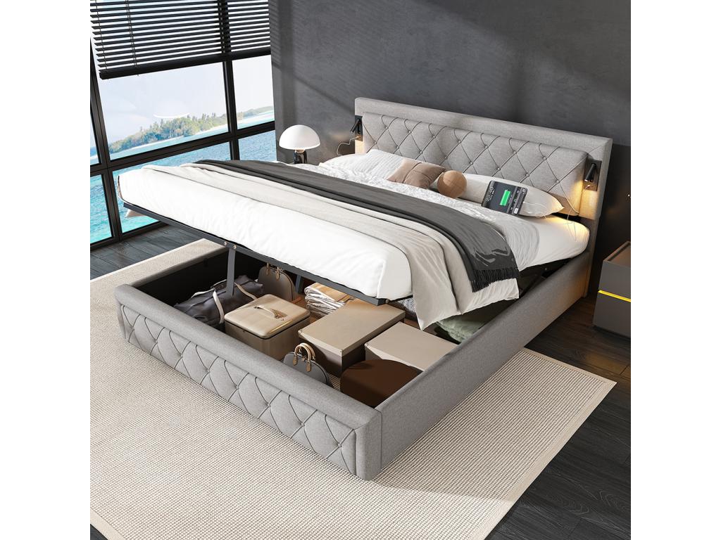 180x200 cm Hydraulic Storage Bed with Downlight, USB Lamp, Wooden Slatted Base, Diamond Headboard, and Storage Space - Grey