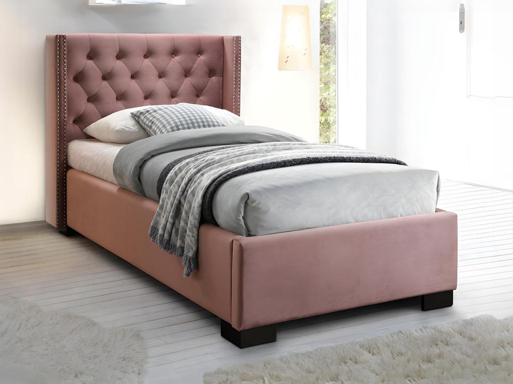 Bed with upholstered headboard - 90x200 cm - Pink velvet - Delimoa II 85748EUEP