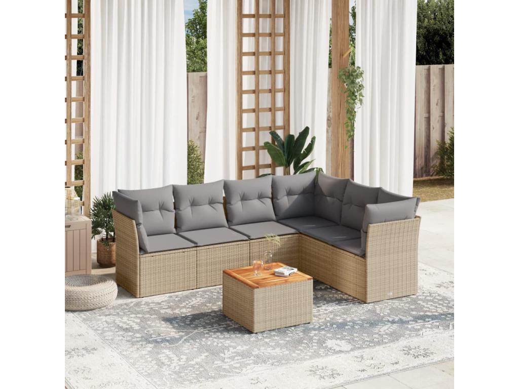 7-piece garden furniture set with cushions, beige woven resin