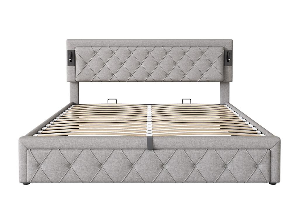 180x200 cm Hydraulic Storage Bed with Downlight, USB Lamp, Wooden Slatted Base, Diamond Headboard, and Storage Space - Grey