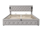 180x200 cm Hydraulic Storage Bed with Downlight, USB Lamp, Wooden Slatted Base, Diamond Headboard, and Storage Space - Grey