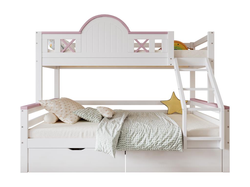 Wooden bunk bed 90x200cm 140x200cm - with ladder and 2 drawers - White / Pink