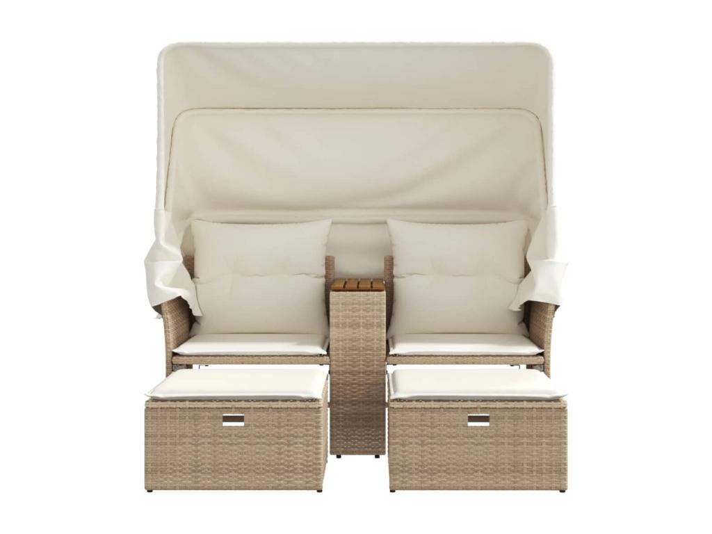 2-seater garden sofa with canopy and beige rattan stools
