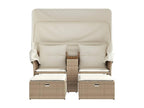 2-seater garden sofa with canopy and beige rattan stools