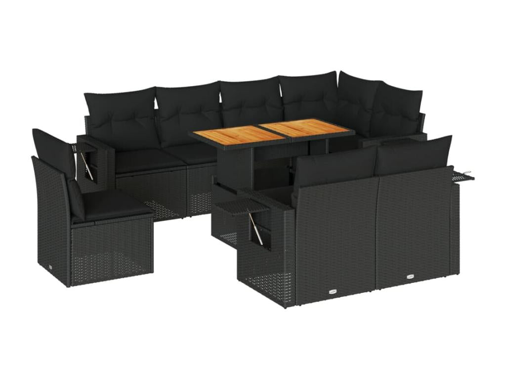 9-piece garden furniture set with cushions, black woven resin