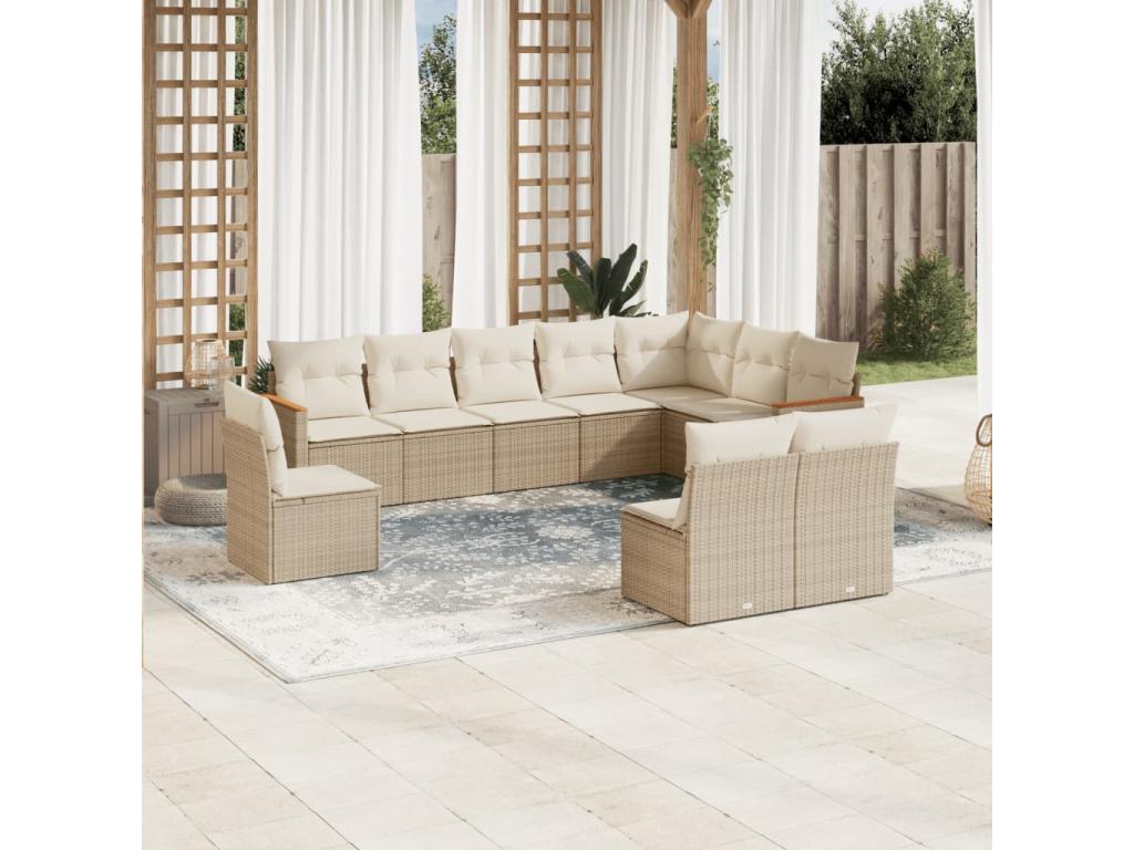 Garden furniture set with cushions, 10 pieces, beige woven resin, 91413NYPZ