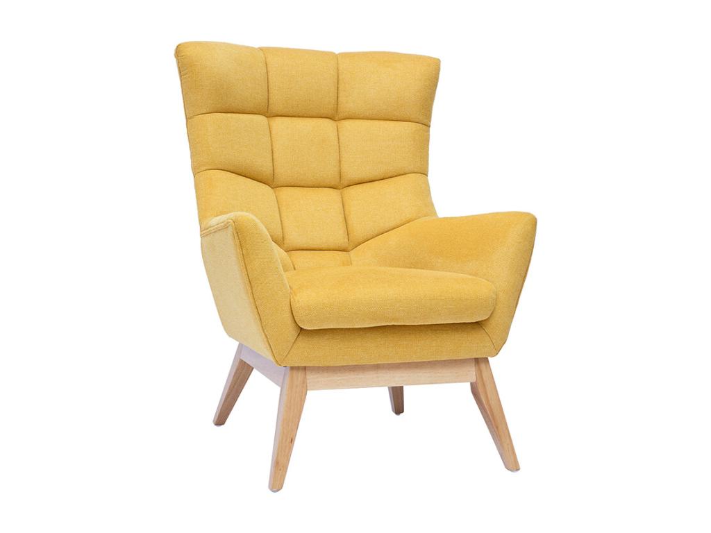 Homelumiere armchair in mustard yellow textured velvet-effect fabric and light wood.
