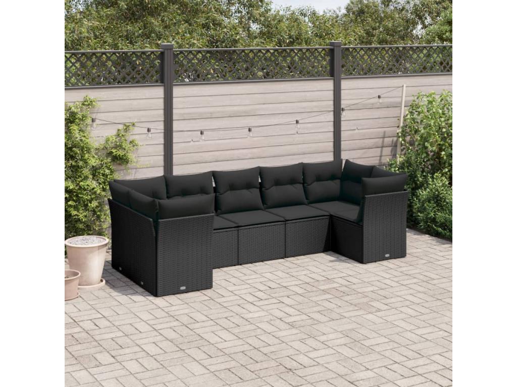 7-piece garden furniture set with cushions, black woven resin