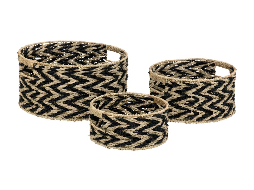 Set of 3 Beige and Black Storage Baskets, 38cm Diameter, 30cm Diameter and 24cm Diameter