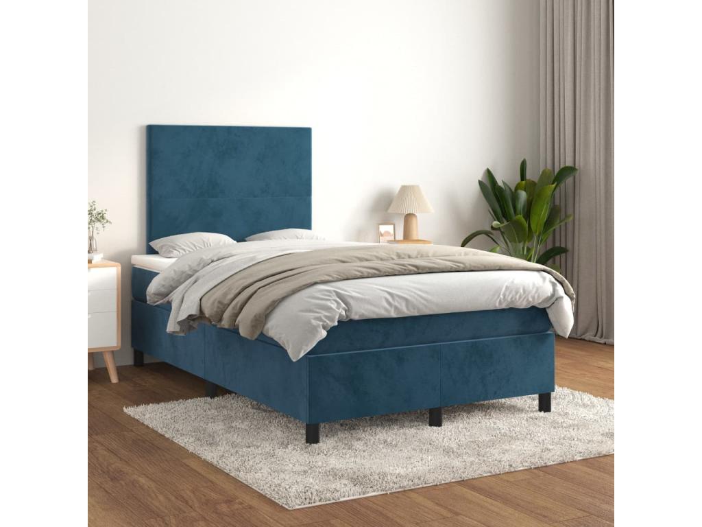 Upholstered bed base and mattress, dark blue, 120x200cm, velvet