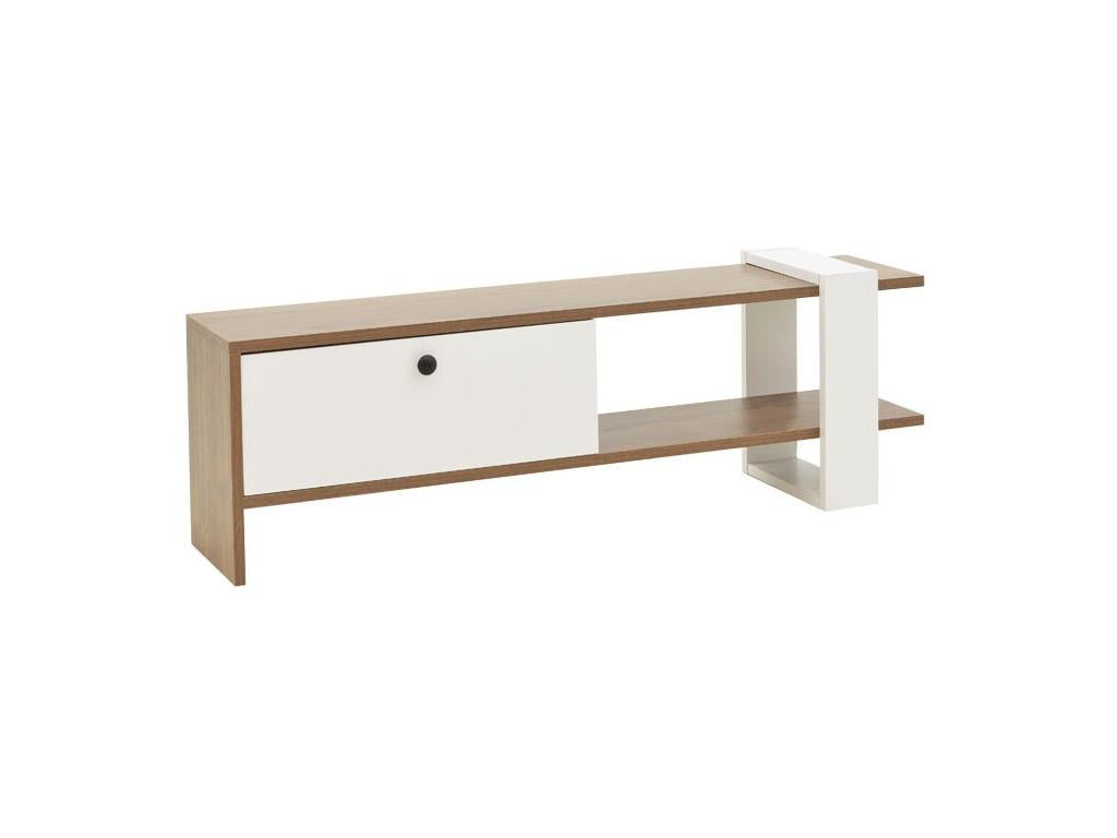 White and walnut TV stand for living room, 120x25x37 cm, 00316VQXH