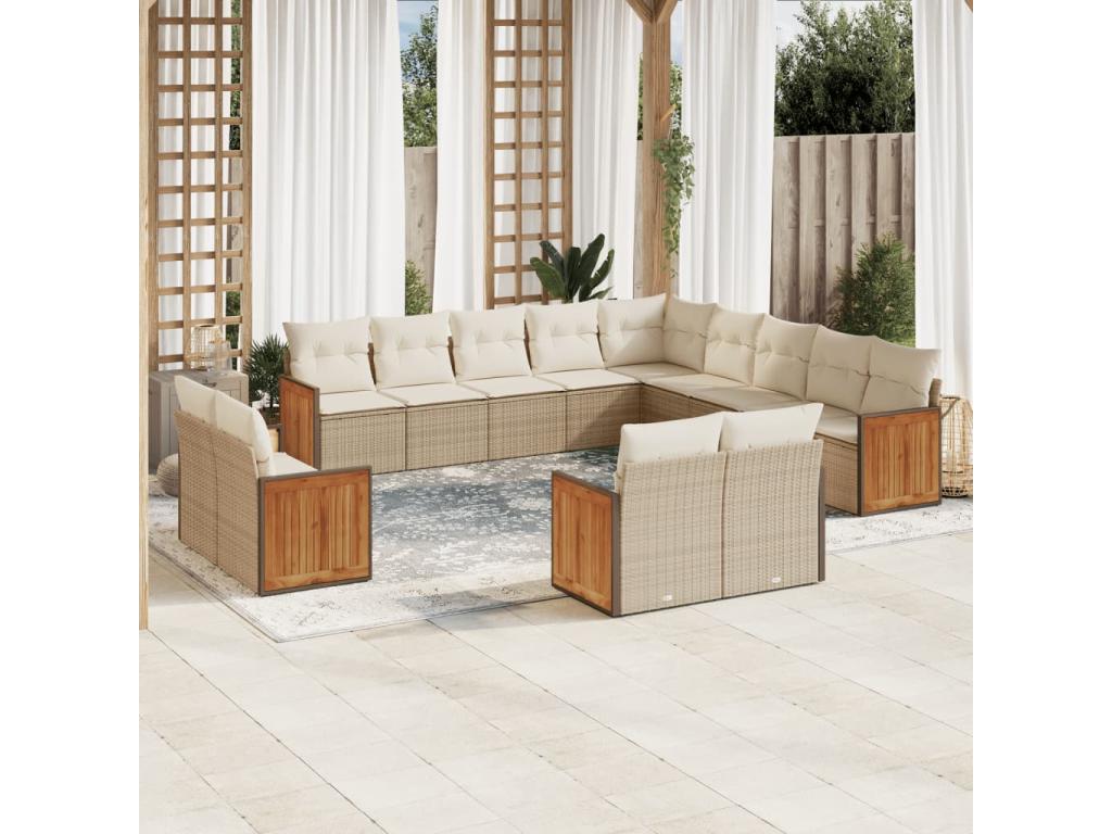 13-piece garden furniture set with cushions, beige woven resin