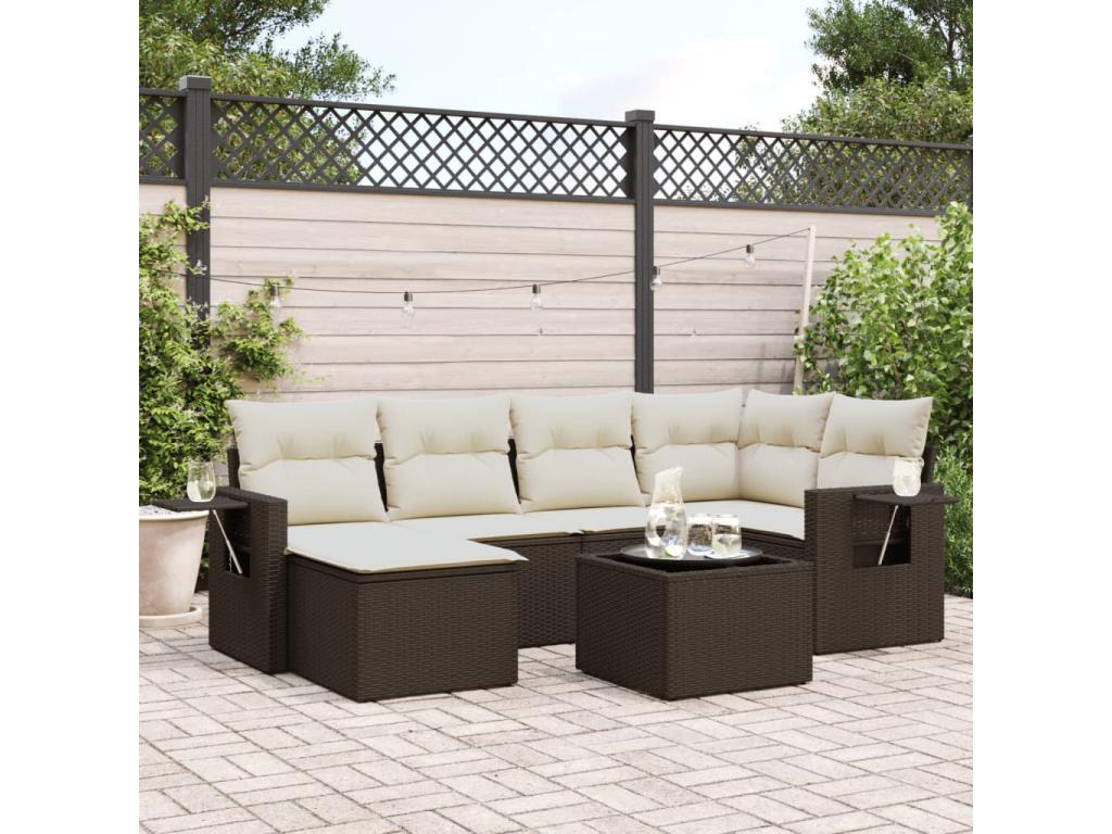 Garden furniture set with cushions, 7 pieces, brown woven resin