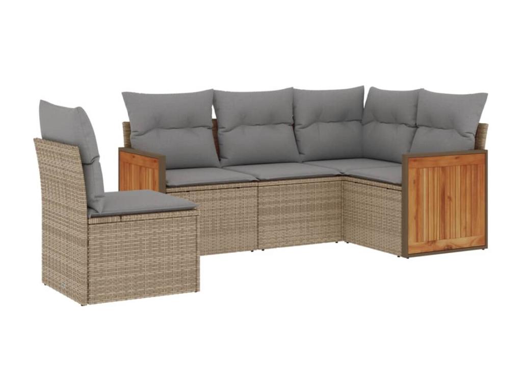 5-piece garden furniture set with cushions, beige woven resin, 90374ABRO