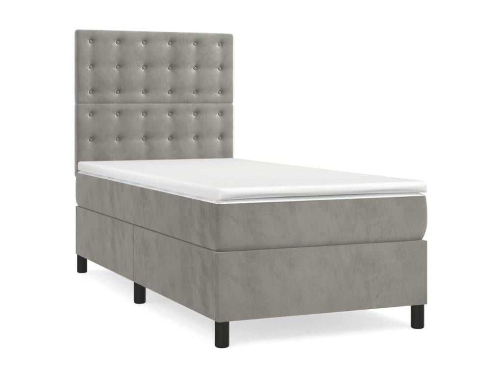 Upholstered bed base and mattress, light grey, 90x190 cm, velvet, 00113HANB
