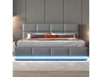 160x200 cm Storage Bed - Double Bed with LED Lighting, Upholstered, Hydraulic Lift-Up Bed with Slatted Base and PU Leather Headboard - Grey