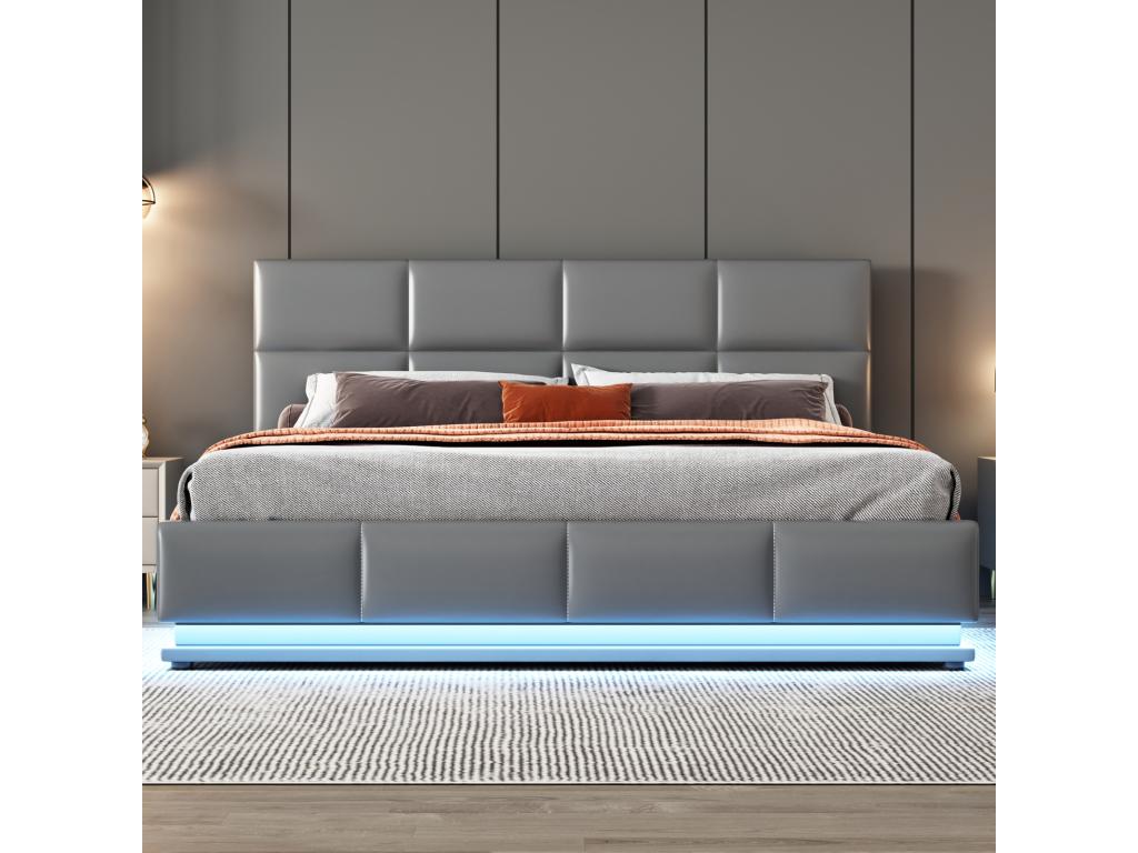 160x200 cm Storage Bed - Double Bed with LED Lighting, Upholstered, Hydraulic Lift-Up Bed with Slatted Base and PU Leather Headboard - Grey
