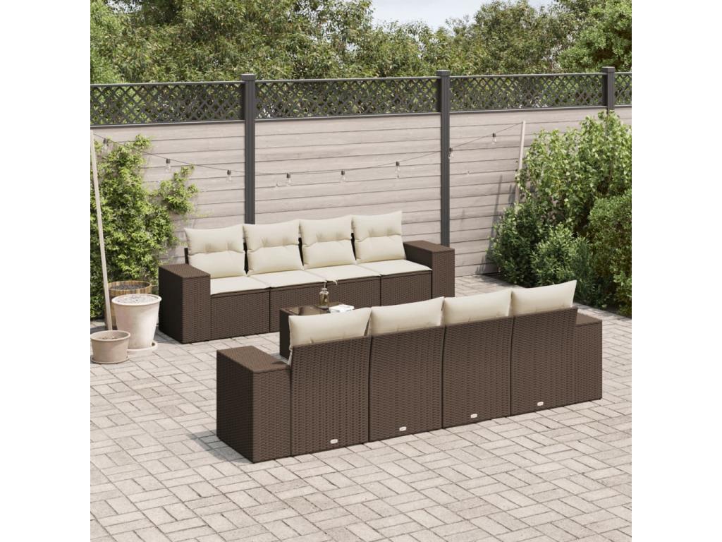 Garden furniture set with cushions, 9 pieces, brown woven resin