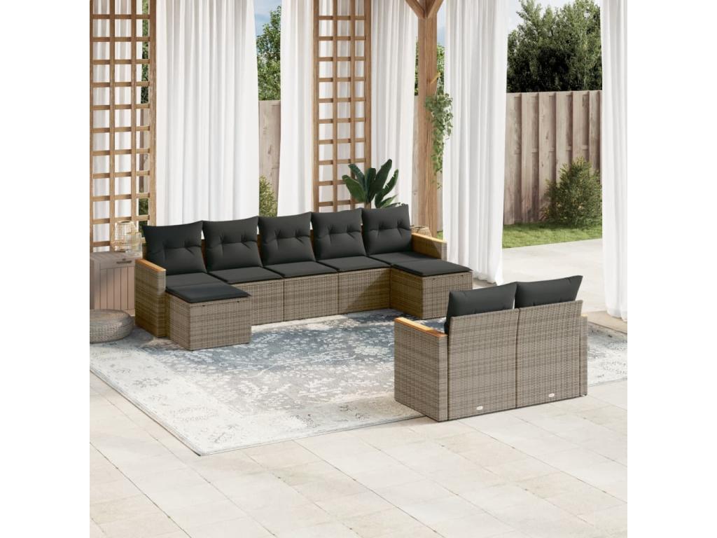 9-piece garden furniture set with grey resin wicker cushions