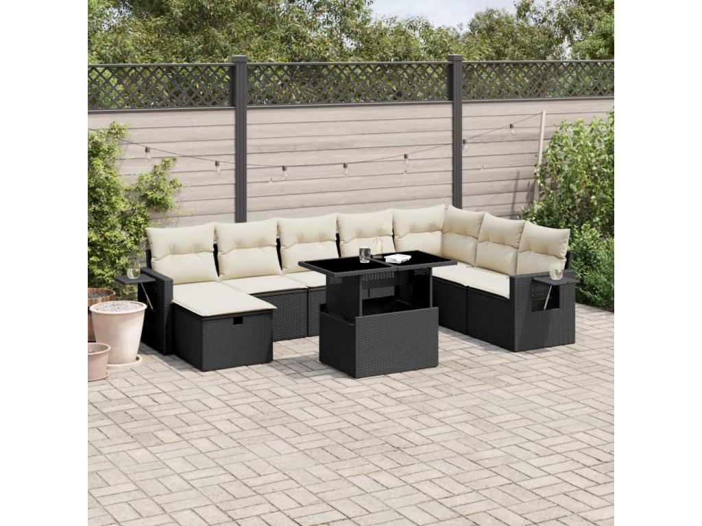 9-piece garden furniture set with cushions, black wicker resin 81205JMGU