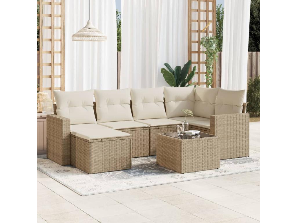 7-piece garden furniture set with cushions, beige woven resin