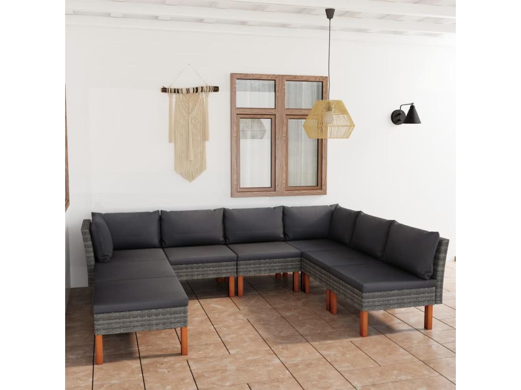 8-piece garden furniture set with cushions, grey woven resin