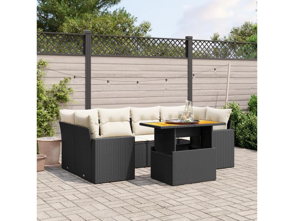 7-piece garden furniture set with cushions, black woven resin 92206VIFQ