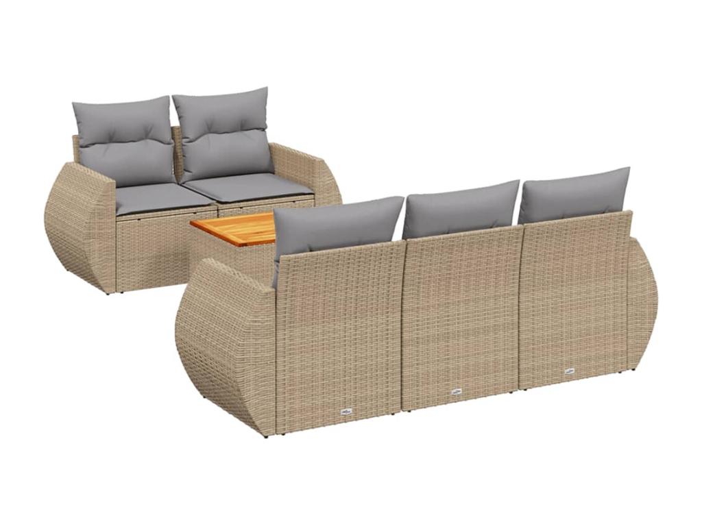 6-piece garden furniture set with cushions, beige woven resin
