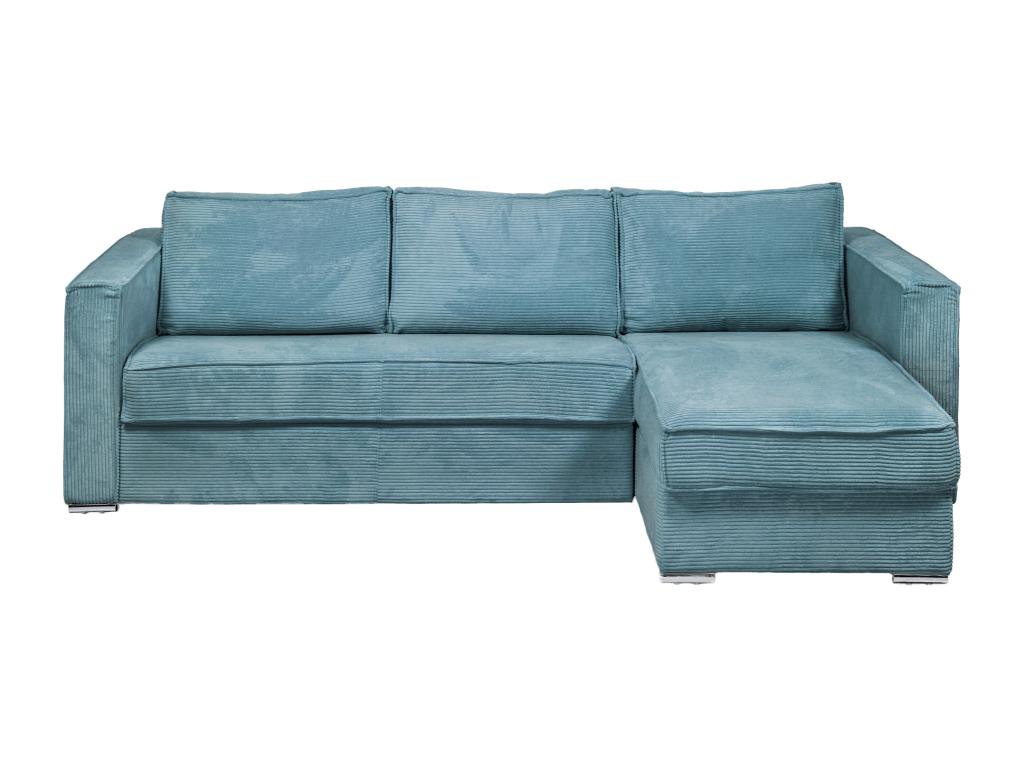 Quick and reversible corner sofa bed in turquoise blue corduroy - 160 cm sleeping area - 18 cm mattress - Homelumiere