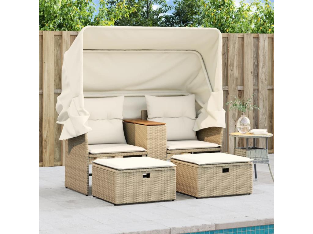 2-seater garden sofa with canopy and beige rattan stools