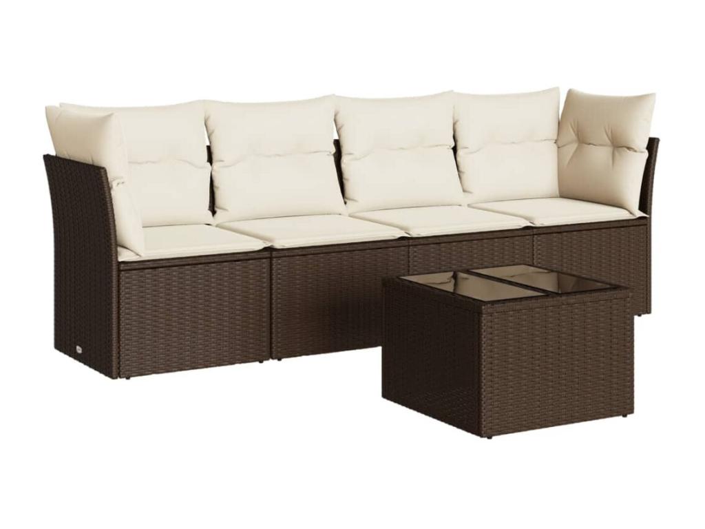 Garden furniture set with cushions, 5 pieces, brown woven resin