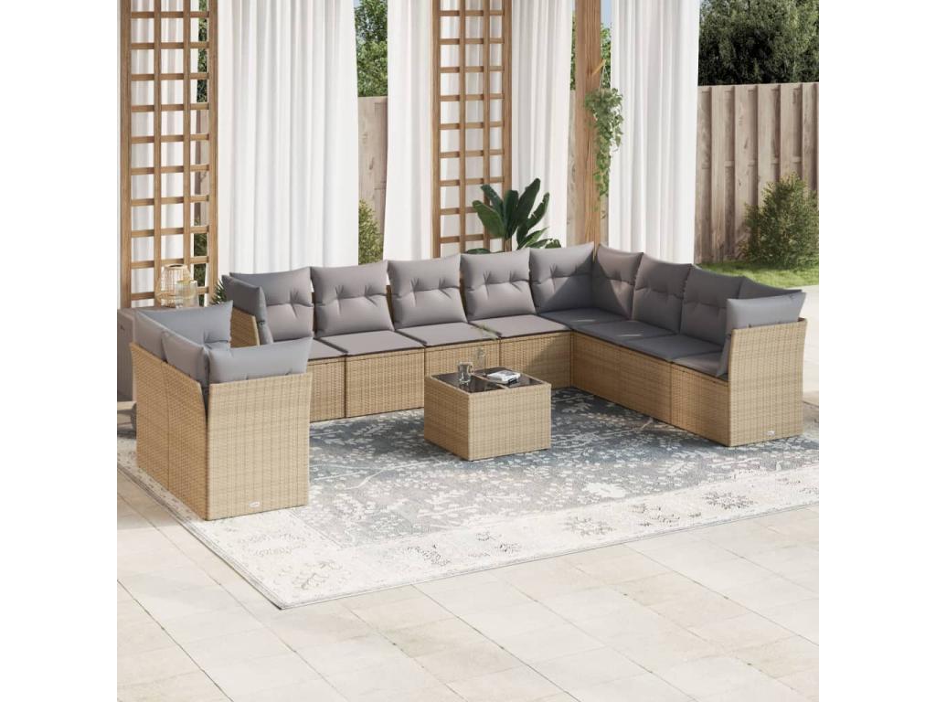 11-piece garden furniture set with beige resin wicker cushions