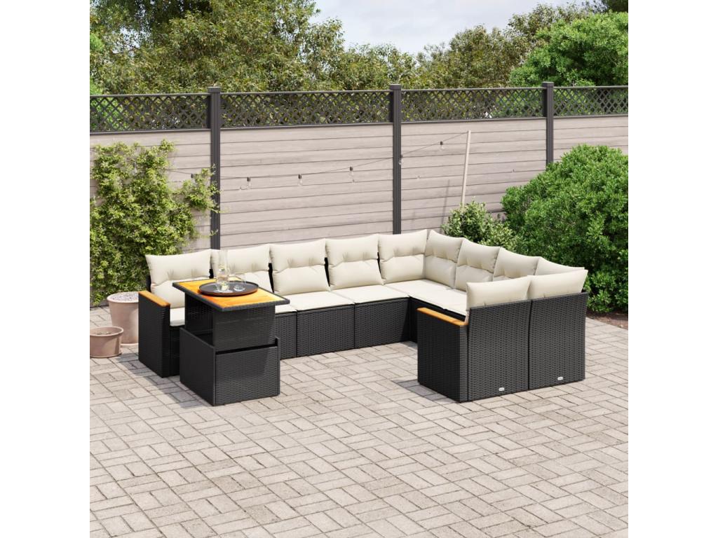 10-piece garden furniture set with cushions, black woven resin