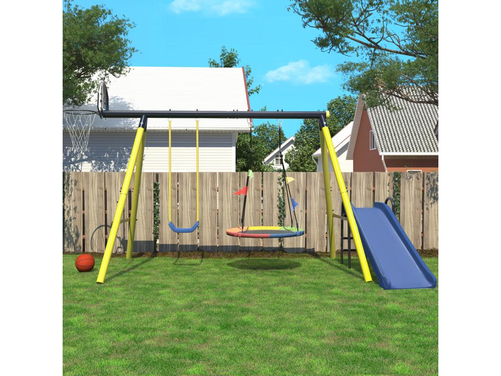 Swing set with slide for children - metal frame - outdoor play area for children aged 3 to 8 years - Yellow 01214CAXH