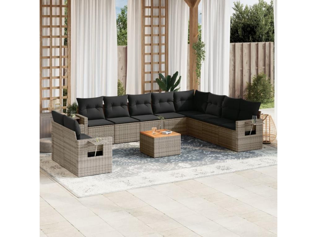 11-piece garden furniture set with grey resin wicker cushions