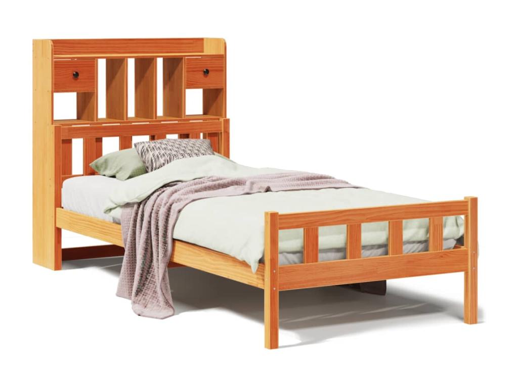 Bookcase bed without brown wax mattress 90x190 cm solid pine