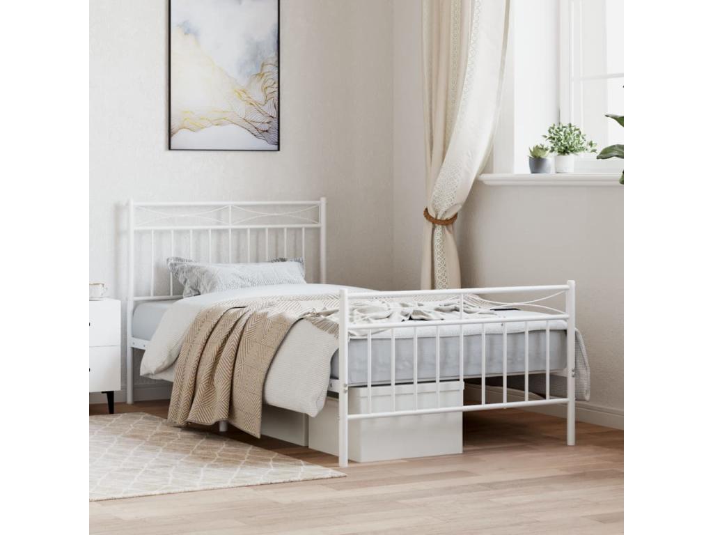 Metal bed frame with headboard and footboard, white, 100x190 cm, 05658CYBW