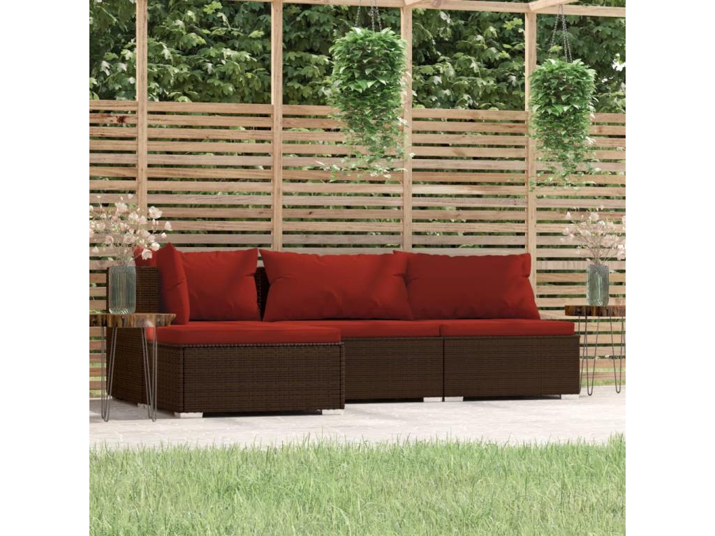 4-piece garden furniture set with cushions, brown, woven resin