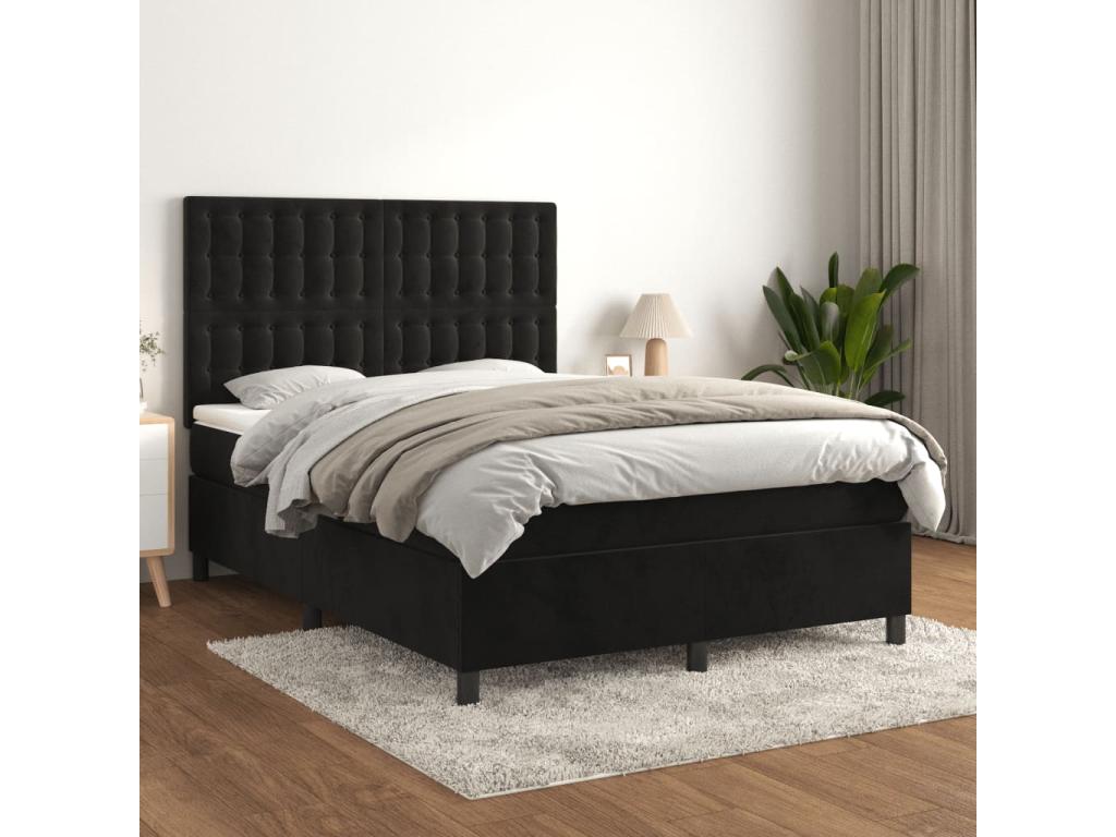 Upholstered bed base with mattress, black, 140x200 cm, velvet, 26306LYDH