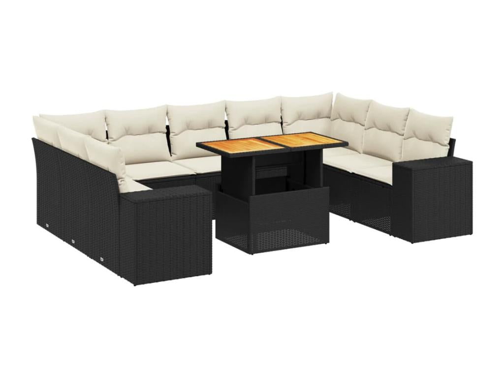 10-piece garden furniture set with cushions, black woven resin 94851DBJV