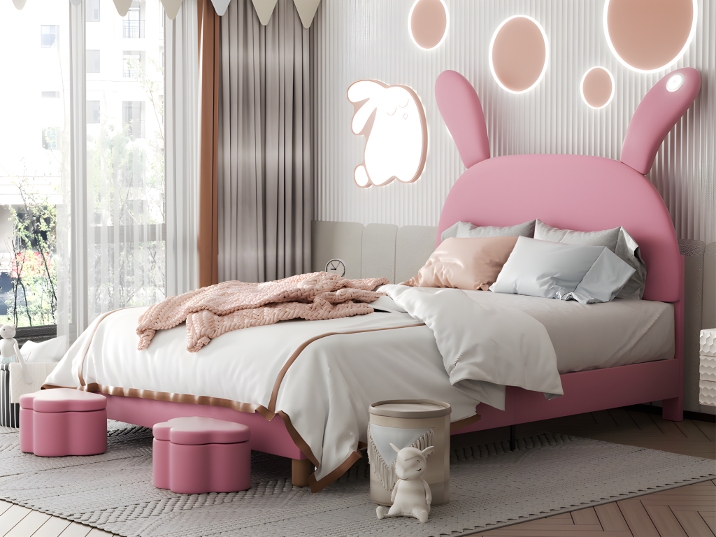 Children's velvet bed - 140x200 cm - fold-down bunny ears with LED lights - 2 storage stools - Pink