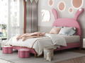 Children's velvet bed - 140x200 cm - fold-down bunny ears with LED lights - 2 storage stools - Pink