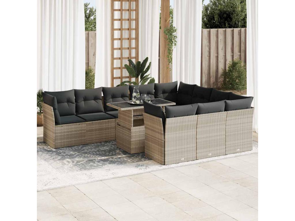 11-piece garden furniture set with light grey cushions, woven resin