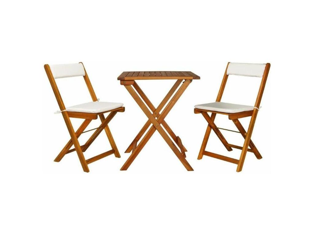 Square table and 2 light-colored Homelumiere garden chairs with white Homelumiere cushions