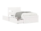 Bed frame with drawers, white, 90x190 cm, solid pine wood