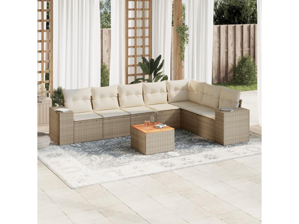 8-piece garden furniture set with cushions, beige woven resin