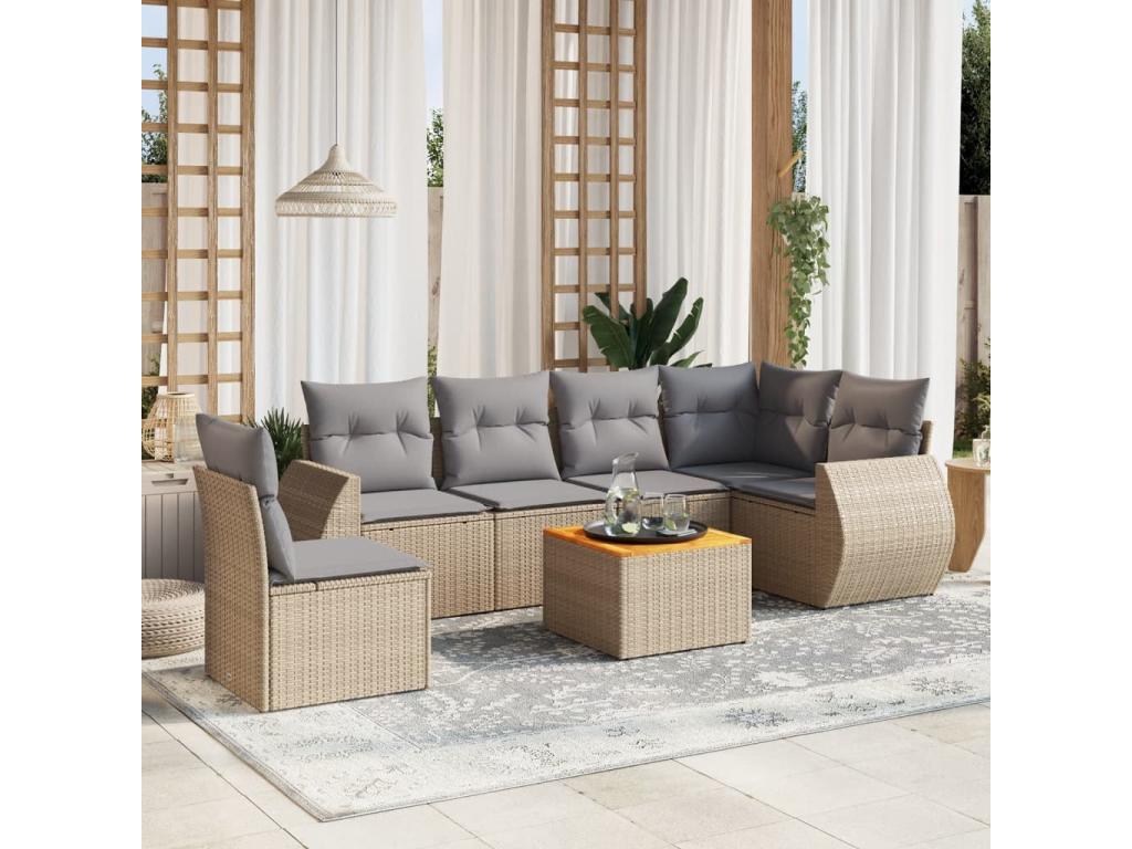 7-piece garden furniture set with cushions, beige woven resin
