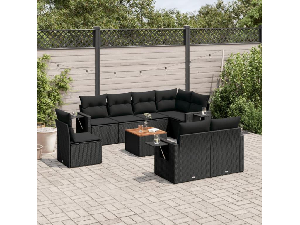 9-piece garden furniture set with cushions, black woven resin