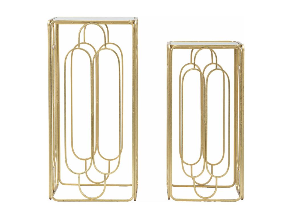 Set of 2 round gold metal tables, 34x34x70-29x29x60 cm