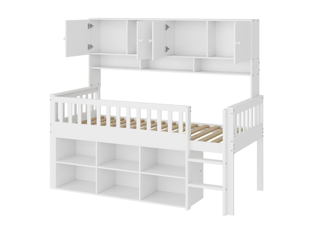 Children's bed, single bed 90x200 cm, wooden, with storage compartments and safety ladder, white